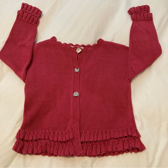 Vtg Renattoni Girls Hand Made Cardigan/ Crocheted Trim, Farm House Button Down - Picture 2 of 8